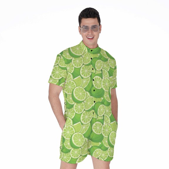 Green Lime Pattern Short Sleeve Men'S Rompers Casual Summer Jumpsuits Outfit