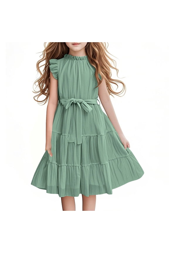 Green A Line Formal Prom Party Evening Gowns Modest Brunch for Girls Fall Summer Ruffle Short Sleeve Boat Neck Faux Linen Dresses Homecoming Dresses Girls 2026 5 Years