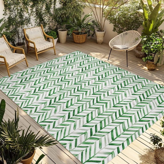 Green Line Outdoor Rug for Patio/Deck/Porch, Non-Slip Large Area Rug 3 x 5 Ft, Vintage Abstract Geometric Stripes Watercolor Indoor Outdoor Rugs Washable Area Rugs, Camping Rug Carpet Runner