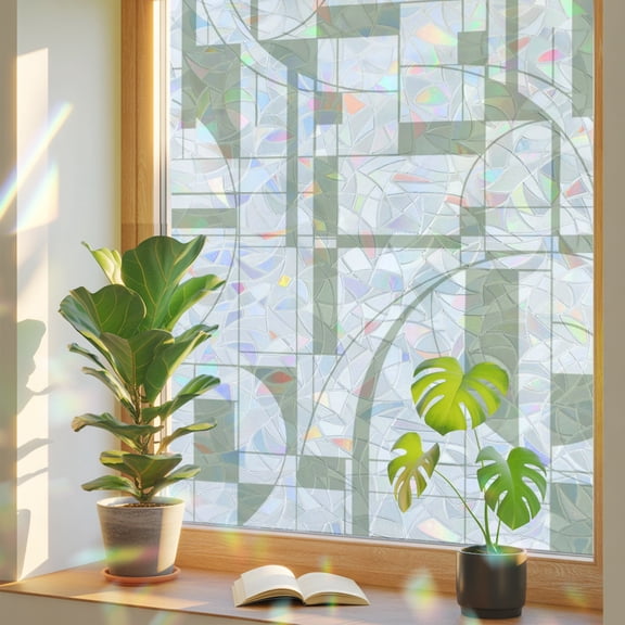 Green Linear Grid Window Privacy Film, Modern Abstract Geometric Minimalist Lines Plaid Stained Glass Rainbow Film Decorative Window Clings, Static Cling Sun Blocking Stickers 17.7" x 39.3"