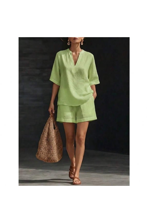 Green Linen Cotton V-Neck Top And Shorts Two-Piece Set, Relaxed Fit Casual Co-Ord