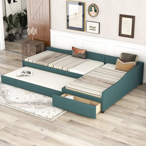 Green Linen Daybed | Sleep for Three, Under - Bed Storage | Guest Room Use