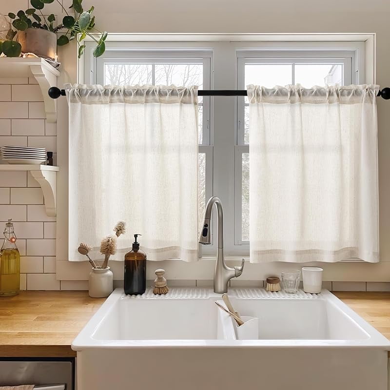 Green Linen Kitchen Curtains 36 Inch Length 2 Panels Set for Small ...