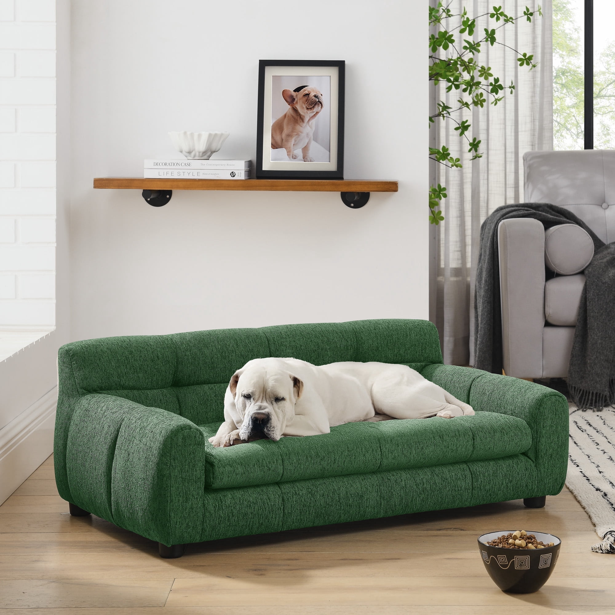 Green Linen Pet Sofa with Backrest and Armrests - 38.00 in Length Rectangular Dog Bed for Medium and Large Breeds