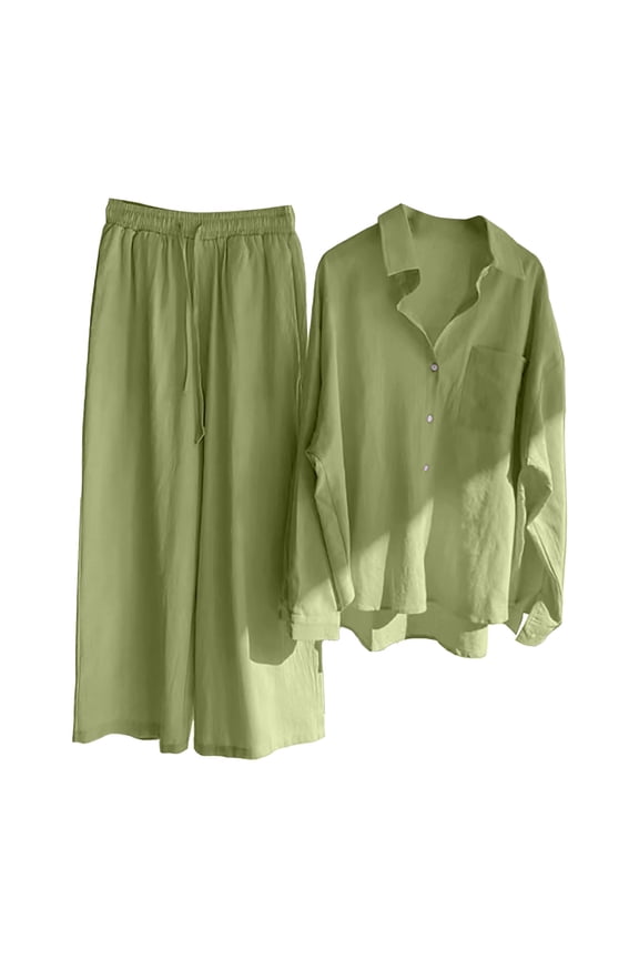 Green Linen Workwear Solid Work Full-Length Big & Tall Banded Waist Women's Trousers Suit, Women's Casual Solid Retro Plus Size Cotton Button Shirt High Waist Loose Pocket Long Pant Suit