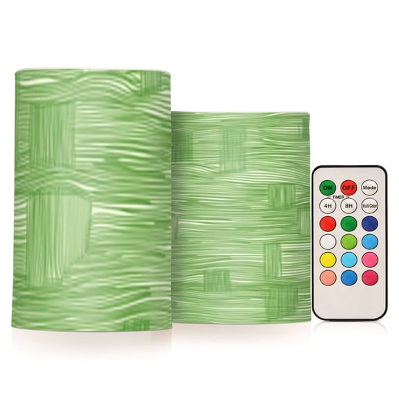 Green Lines Stripes Flickering Flameless Candles Battery Operated with Remote Timer LED Pillar Candles Set of 2