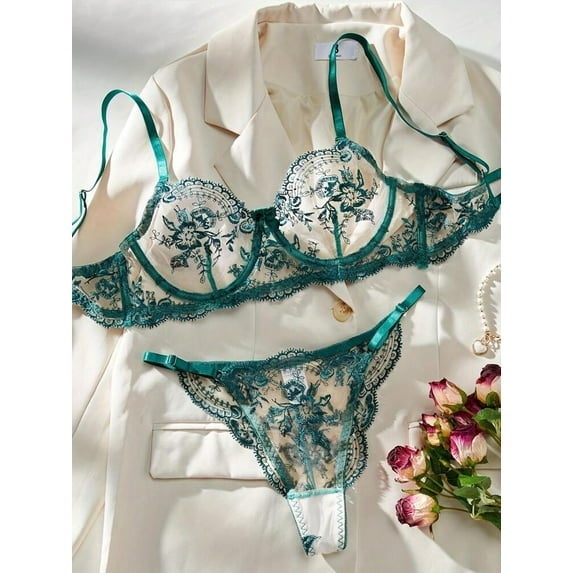 Green Lingerie Embroidered Floral Set Sheer Lace