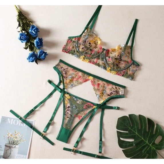 Green Lingerie Set Floral Embroidered