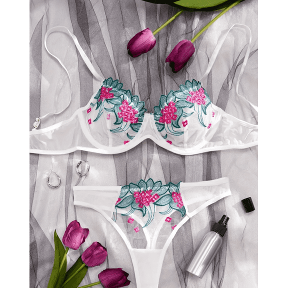 Green Lingerie Set Floral Mesh