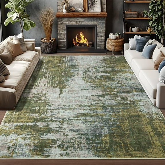 Green Living Room Area Rug, Large Washable Rugs For Bedroom Dining Room, Soft Boho Abstract Area Rugs, Modern Non Slip Low Pile Carpet For Office Study Kids Room-1x2ft
