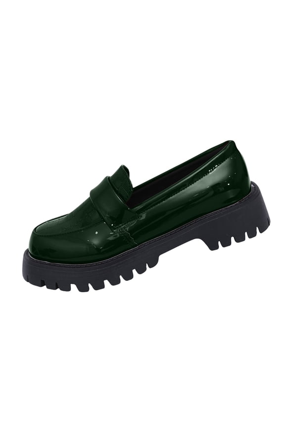 Green Loafers For Ladies Patent Leather Stone Pattern Low Top Thick Sole British Style Casual Footwear For Comfortable And Style Size 43