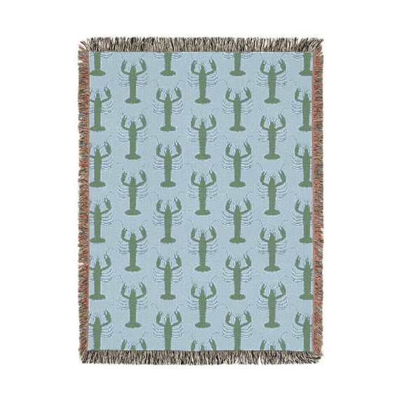 Green Lobster Pattern on Light Blue Woven Blanket, 100% Cotton, Coastal Style for Living Room or Bedroom