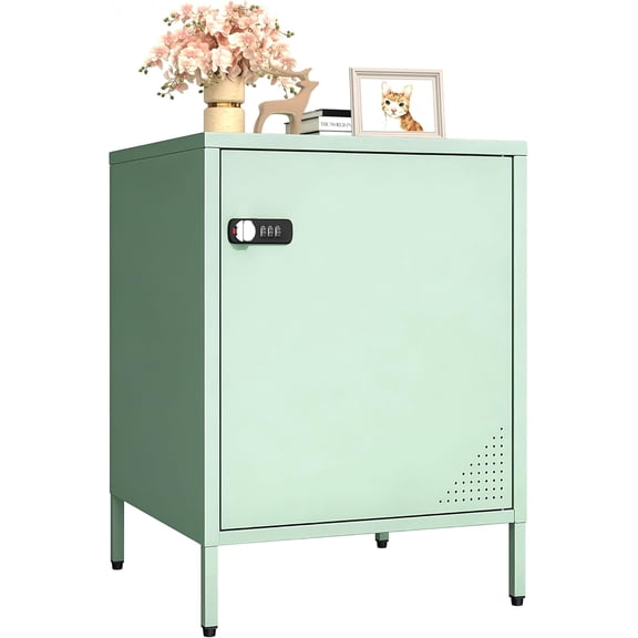Green Locker Nightstand, Metal End Table Single Door Bedside Cabinet, Lockable Storage Cabinet for Living Room, Bedroom, Dorm, Office