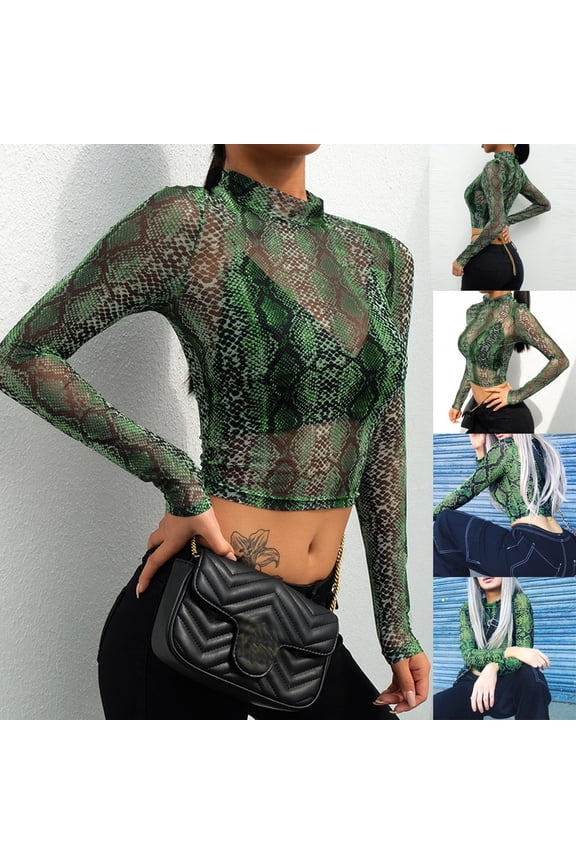 Green Long Sleeve Shirts for Women Fashion Women Green Snake Skin Print Net Yarn Short Navel Top T-shirt Tee Fashion Clothing