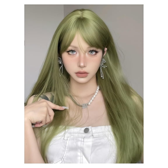 Green Long Straight Wig 65cm Blunt Bangs Daily Synthetic Hair for Women East Asian Fashion K-pop Style Fresh Natural Heat Resistant wig cap (25.6 Inch)