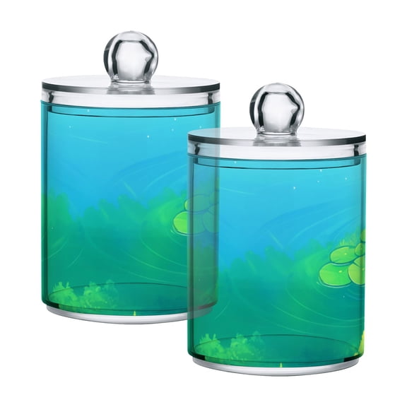 Green Lotus Cotton Swabs Cans Translucent Plastic Canisters Dustproof Lid for Bathroom Storage