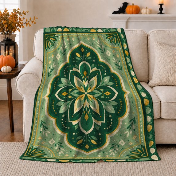 Green Lotus Medallion with Gold Border, Serene Boho Style for Mandala Lovers, Emerald Floral Ornament and Housewarming Gift, Soft Flannel Blanket for Bedroom and Reading Nook, Home Decor