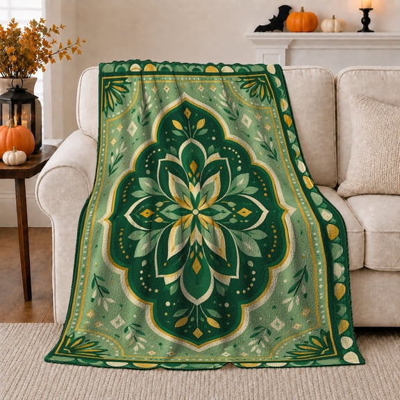 Green Lotus Medallion with Gold Border, Serene Boho Style for Mandala Lovers, Emerald Floral Ornament and Housewarming Gift, Soft Flannel Blanket for Bedroom and Reading Nook, Home Decor