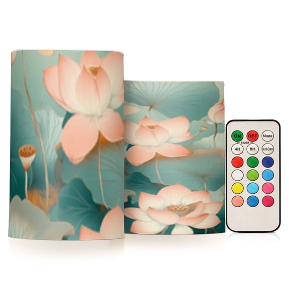 Green Lotus Picture Flickering Flameless Candles Battery Operated with Remote Timer LED Pillar Candles Set of 2