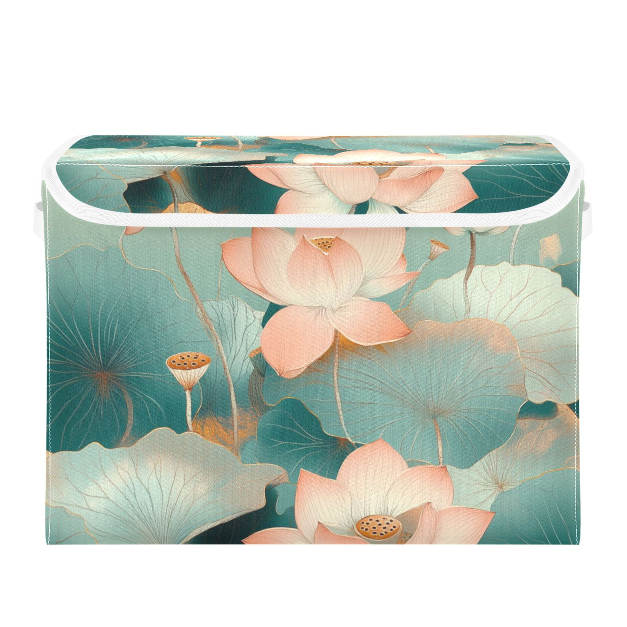 Green Lotus Picture Large Storage Bins with Linen Collapsible Lid Storage Box 16.7 x 12.6 x 11.8in