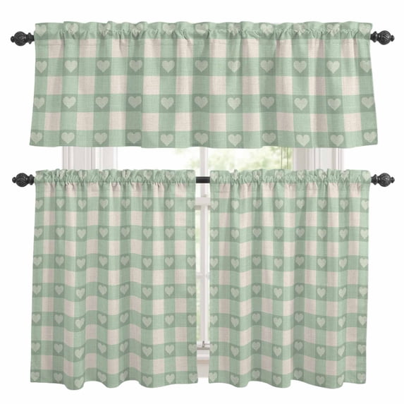 Green Love Heart Kitchen Curtains Valances and Tiers Set of 3 Pastoral Watercolor Cute Love Green Plaid Linen Tier Curtains and Valance with Rod Pocket for Small Windows, 27.5"x36"