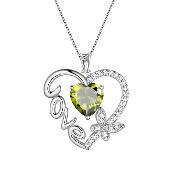 Juwaliy Green Love Heart Necklace Butterfly August Birthstone Necklace Peridot CZ 925 Sterling Silver Pendant Jewelry Women Christmas Birthday Mother's Day Gift