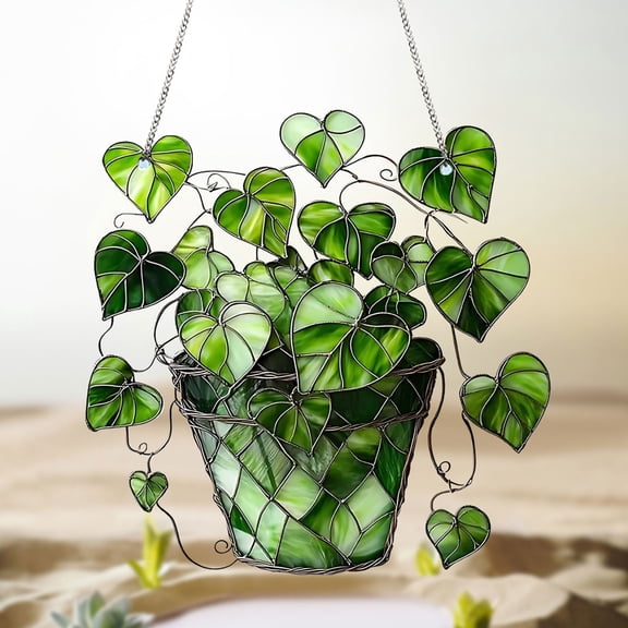 Green Love Potted Pendant, Dainty Glass Heart Shaped Valentine's Day Gift, Window Fireplace Car Decoration Pendants, Romantic Gift for Him