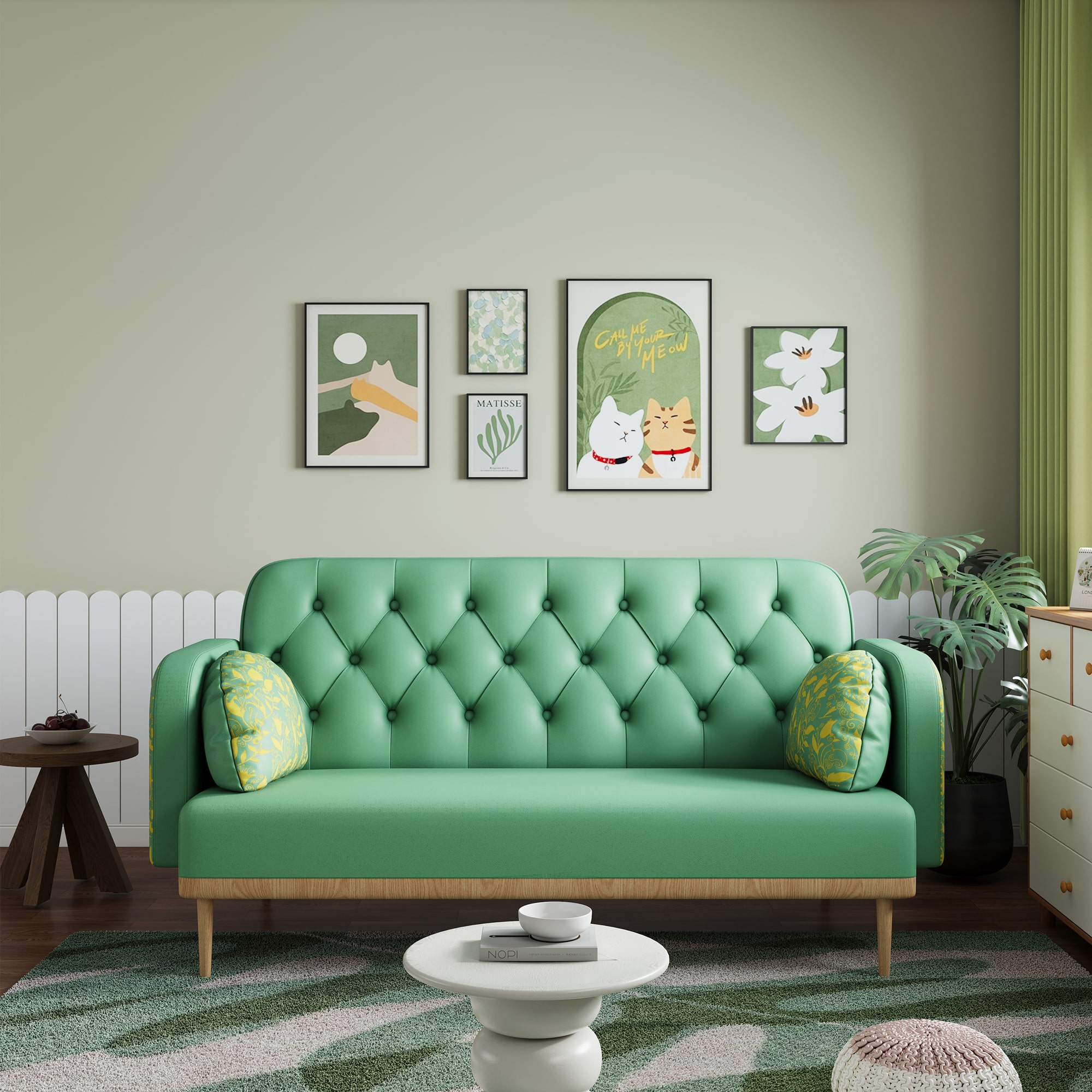 Green Loveseat Sofa Featuring Tulip Patterns, Modern TwoSeater PU