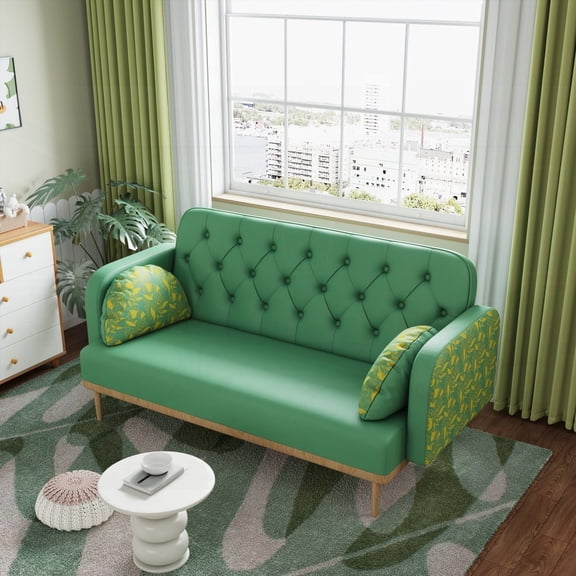 Green Loveseat Sofa with Tulip Pattern | Youthful & Stable | 2 Dumpling-shaped Pillows