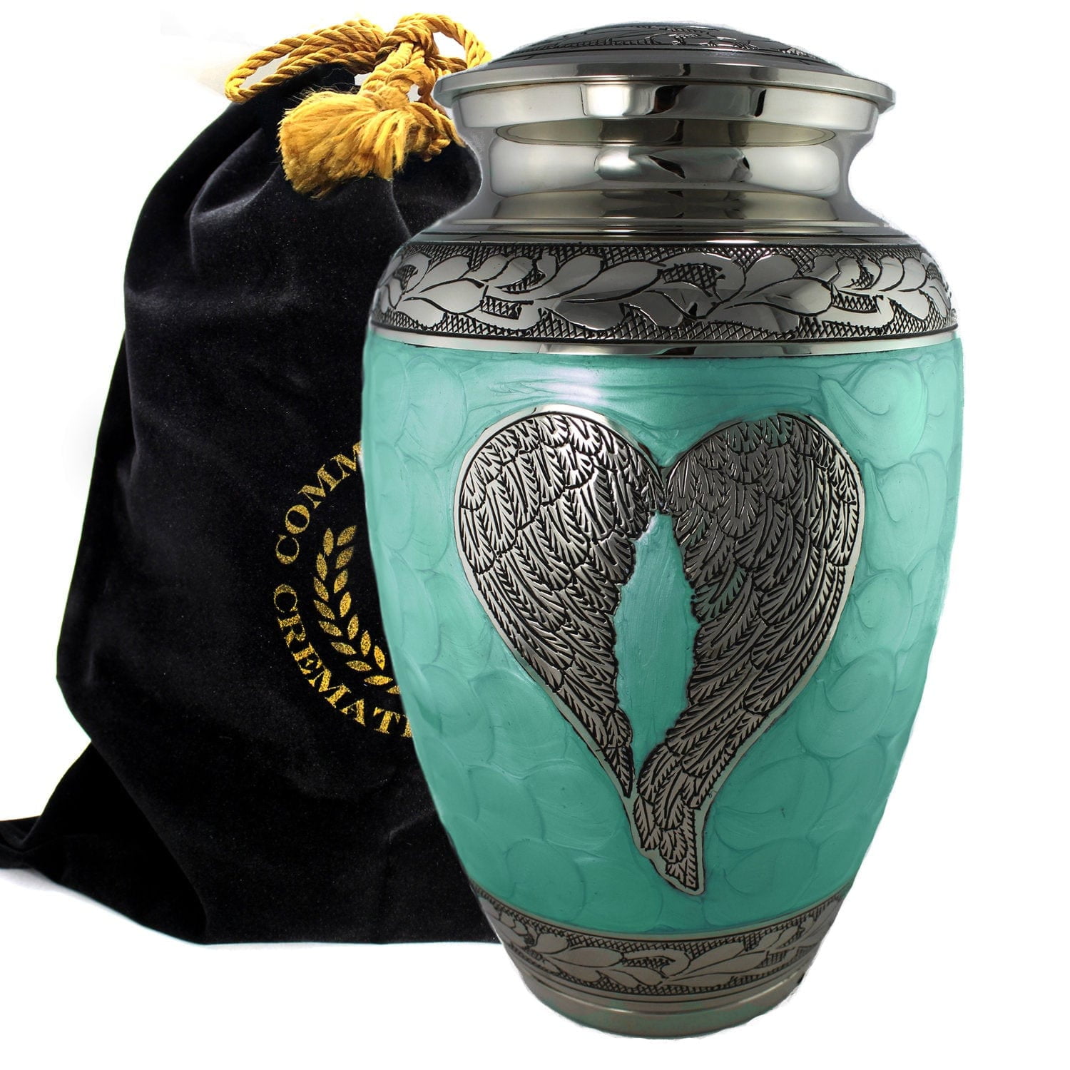 Mint and Silver Brass Angel Wings Cremation Urn