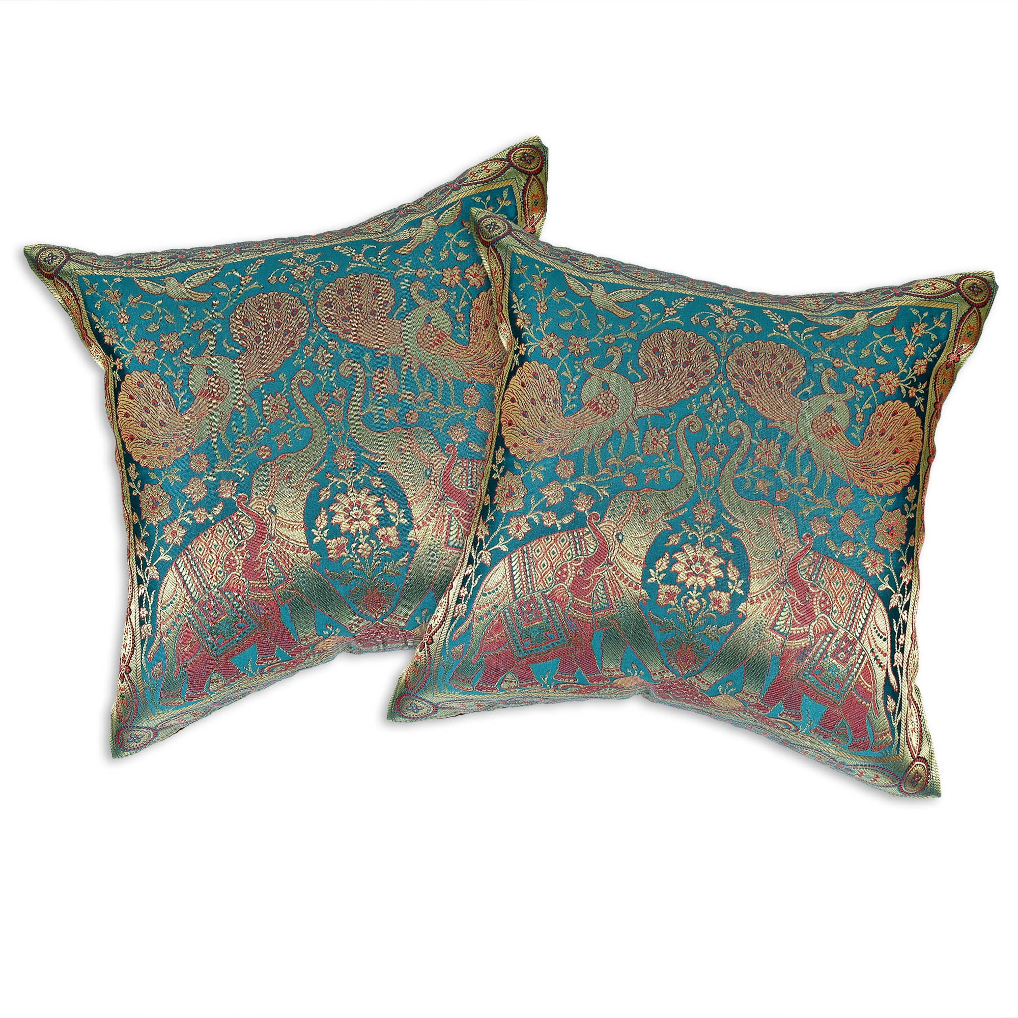 Green Loving Elephant Peacock and Bird Silk Throw Pillow Cushion Cover Set
