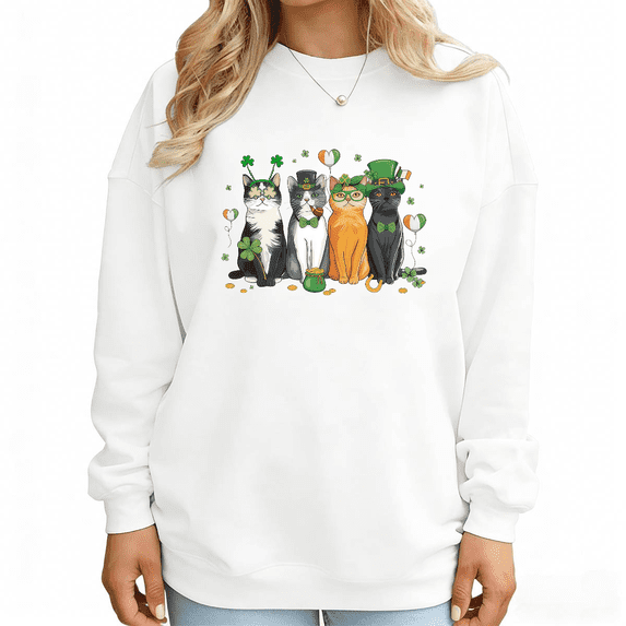 Green Lucky Cat Print Sweatshirt Graphic Sweatshirt Shamrock Holiday Style S-3XL Tops