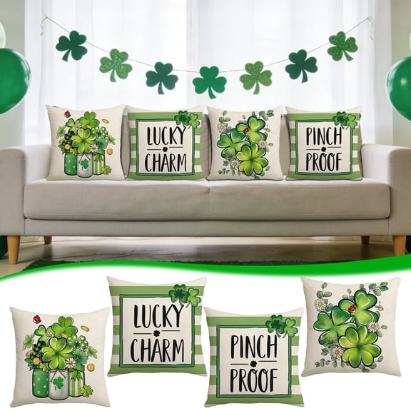 Green Lucky Charm Pillow Covers for March Holiday Home Outdoor Decor Sofa, Hello Shamrocks St Patricks Day Throw Pillow Covers Clover Hat Cotton Linen Cushion Case