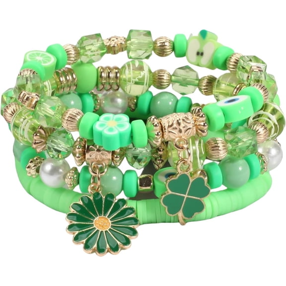 Green Lucky Clover Leaf Shamrock St.Patrick's Day Stackable Multilayer Beaded Irish Holiday Stretch Adjustable Bohemian Handmade Bracelets Jewelry for Women Men