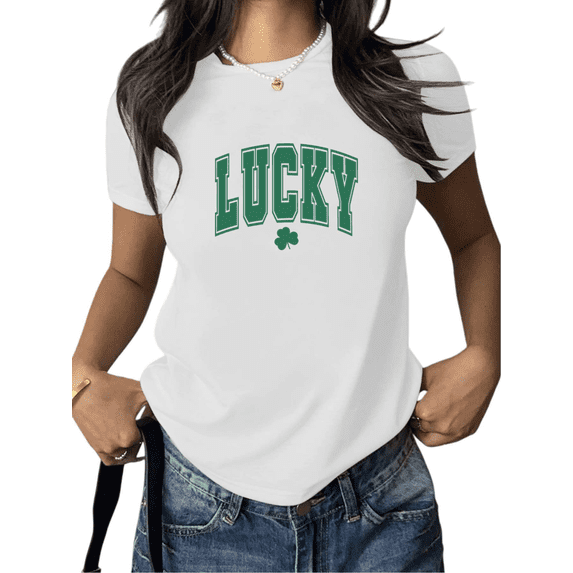 Green Lucky College Style Graphic Tees Print Tshirt White Shirts S-5XL Womens Casual Everyday Tops