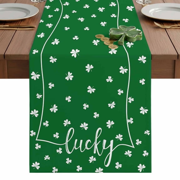 Green Lucky Table Runner 13 x 36 Inch, Shamrock Clover Spring St. Patrick's Day Washable Cotton Linen Dining Table Runner Tabletop Decorations for Restaurant Home Kitchen Party