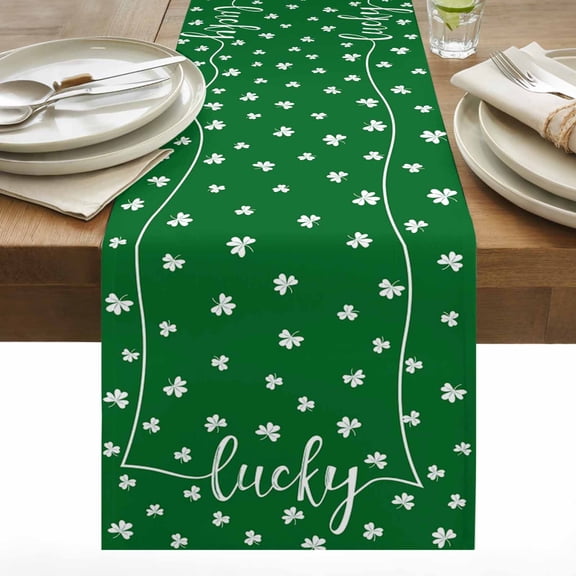 Green Lucky Table Runner 13x36 inch Shamrock Clover Spring St. Patrick's Day Cotton Linen Dining Table Runner Ideal for Dresser Kitchen Coffee Tables - Machine Washable