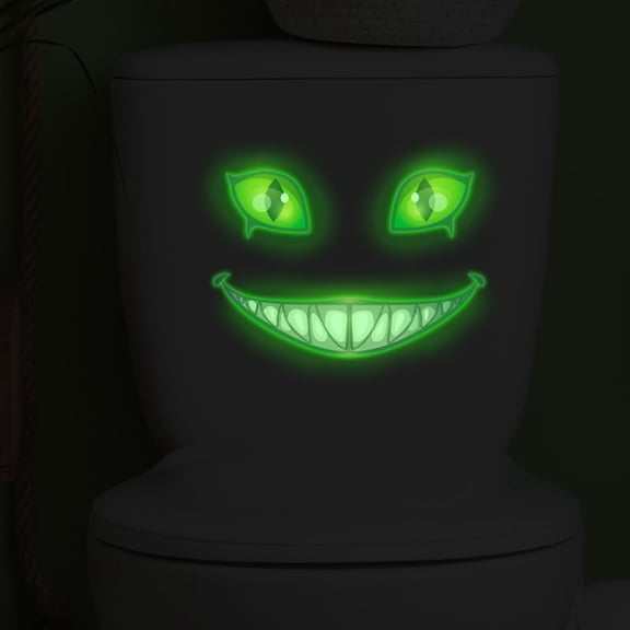 Green Luminous Evil Smile Toilet Sticker, Spooky Fanged Monster Eye Prank Decal, Halloween Ambiance Enhancer for Bathroom Decor, Glows in Dark, Waterproof Removable Vinyl, Funny Gift