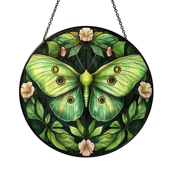 Green Luna Moth Faux Stained Glass Window Decor, Nature Inspired Suncatcher Hanging with Gentle Light