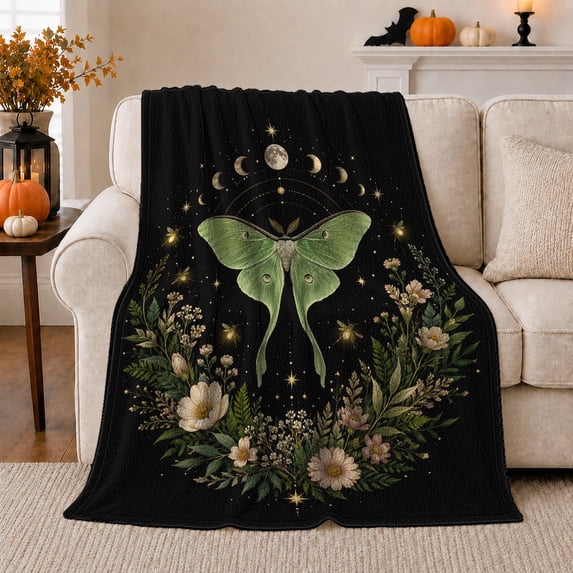 Green Luna Moth beneath Moon Phases and Stars, Mystical Botanical Style for Moth Lovers, Celestial Garden Motif and Birthday Gift, Cozy Flannel Blanket for Bedroom and Reading Nook, Home Decor