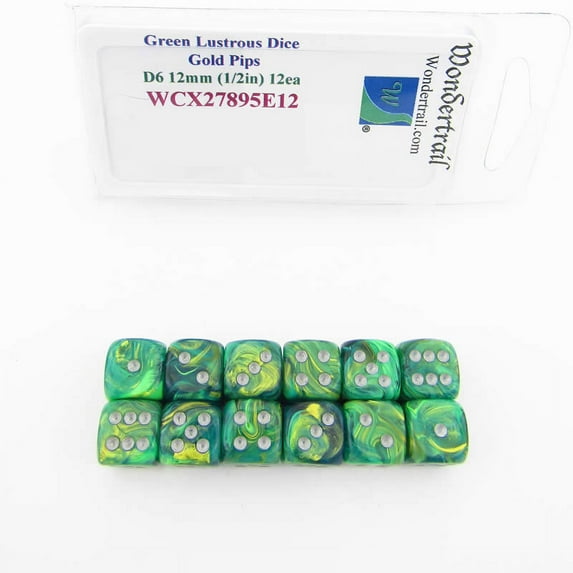Green Lustrous Dice with Gold Pips 12mm (1/2in) D6 Pack of 12 Wondertrail