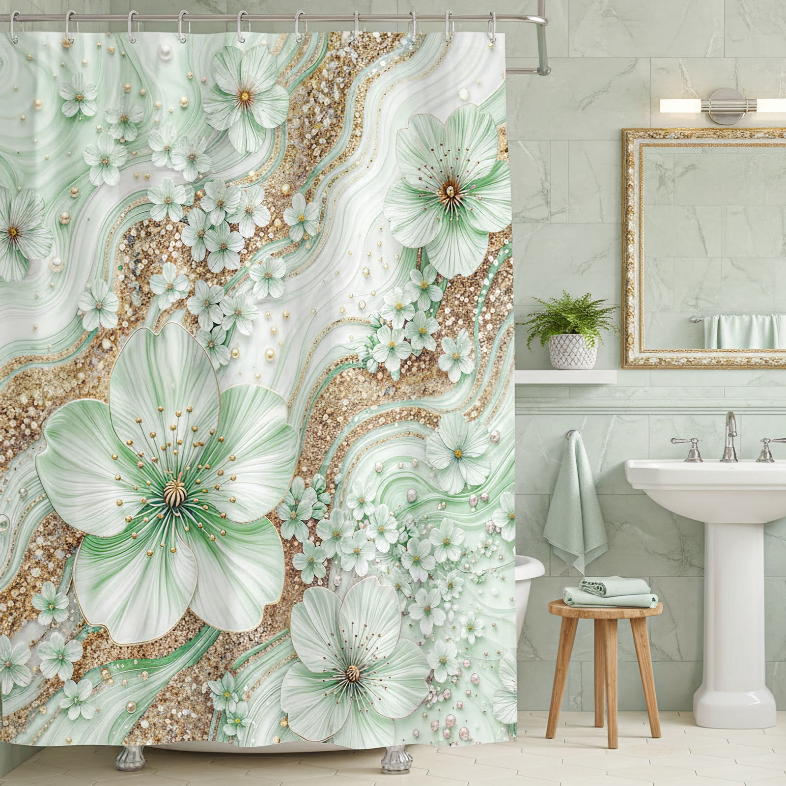 Green Luxury Light Floral Shower Curtain, Elegant Boho Bathroom Decor, Cherry Blossom with Gold Glitter Marble Texture, Waterproof Washable Fabric Shower Curtain Set with Hooks,70X85in