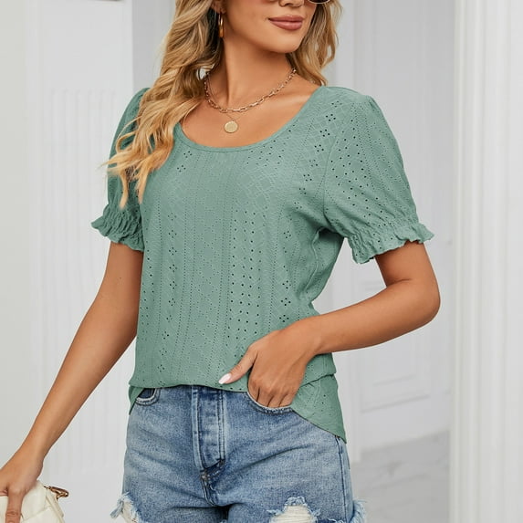 Green M WIZUTIZ Tops Women's up to 30% Off Fashion Cozy Style Lightweight Pure Colour Tee Round Neck Linen Ladies Tops Plus Size Solid Tshirt Cotton Linen Fluffy T-shirt Tunics Short Sleeve Shirts Bl