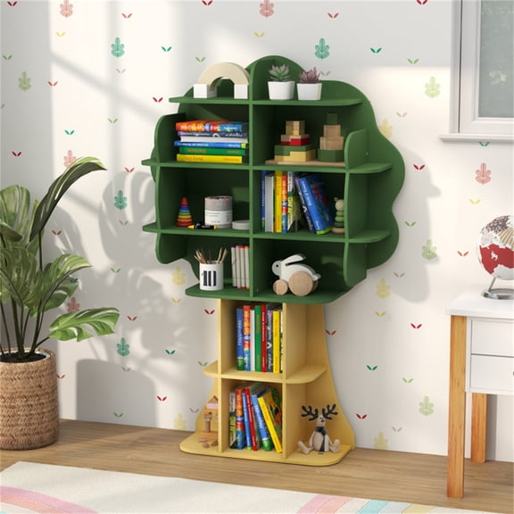 Green MDF Bookcase Shelf Toy Storage Organizer with 4 Open Shelves | 36"W x 53"H | Rounded Corners & Anti-Tipping Device for Playroom, Reading Corner, Kindergarten
