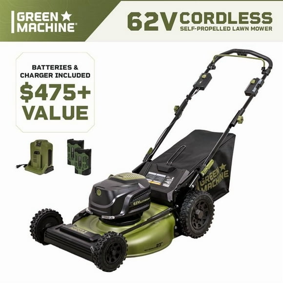 Green Machine 62V 23-Inch Self-Propelled Brushless Cordless Electric Lawn Mower, Includes Two 4.0Ah Batteries and Rapid Charger