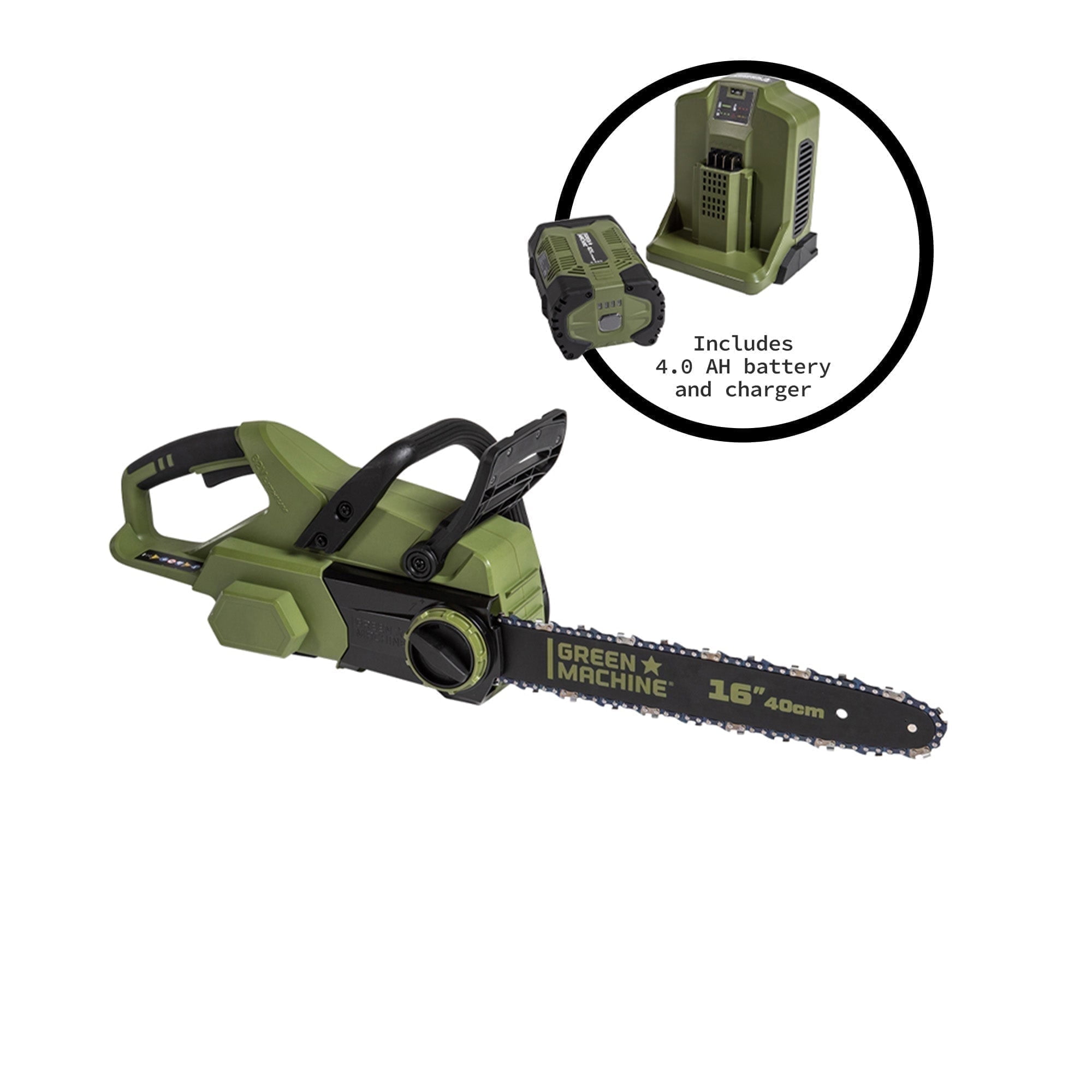 Green Machine 62V Cordless 16" Chainsaw with 4 Ah Battery and Charger