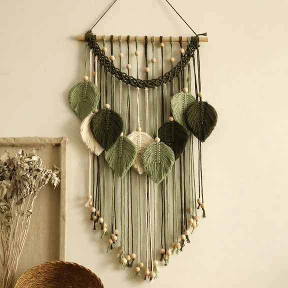 Green Macrame Wall Hanging Decor Boho Woven Leaf Tapestries With Beads Tassels 15.7"x 37.8"