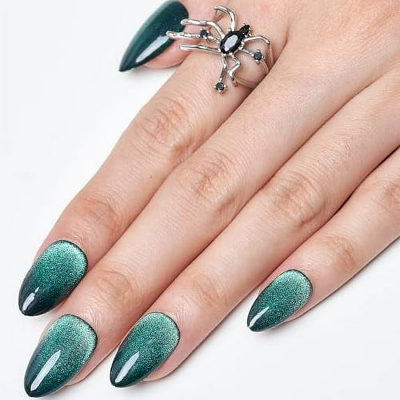 Green Magnet Cat Eyes Press on Nails Short Almond, Handmade Jelly Gel Fake Nail Kit, Dark Green Glitter Magnetic Glue on Nail Medium, Reusable Acrylic Oval Stick on False Nail Set for Women