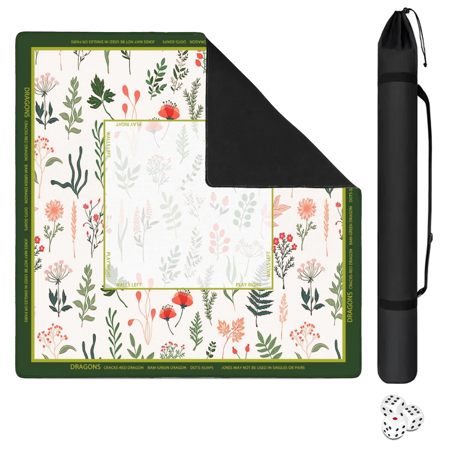Green Mahjong Mat with Rules, 31.5*31.5in Anti Slip American Mahjong Mat for Table, Noise Reduction, Neoprene Mah jongg Mats with Carrying Bag & 3 Dices, Mahjong Set Gift, Board Tile Games Mats