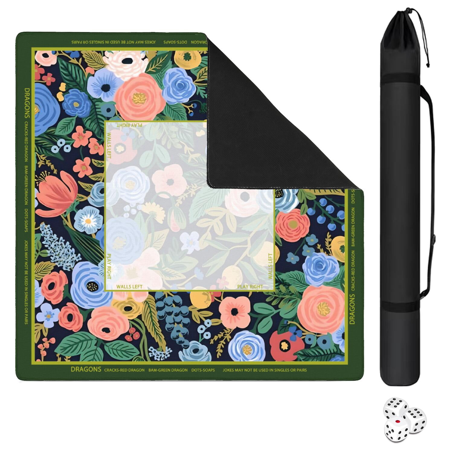 Green Mahjong Mat with Rules, 31.5*31.5in Anti Slip American Mahjong Mat for Table, Noise Reduction, Neoprene Mah jongg Mats with Carrying Bag & 3 Dices, Mahjong Set Gift, Board Tile Games Mats